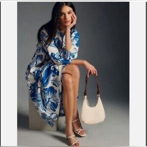 Anthropologie Maeve Women XXS Bettina Tiered Shirt Dress Blue Floral 3/4 Sleeves